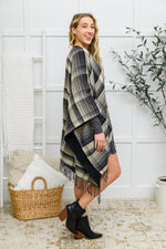 Plaid Fringe Trimmed Open Poncho in Black - Maple Row Boutique 