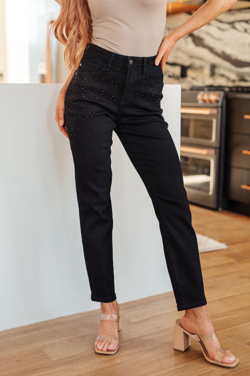 Reese Rhinestone Slim Fit Jeans in Black - Maple Row Boutique 