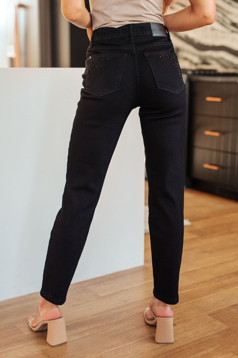 Reese Rhinestone Slim Fit Jeans in Black - Maple Row Boutique 
