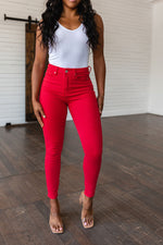 Ruby High Rise Control Top Garment Dyed Skinny Jeans in Red - Maple Row Boutique 