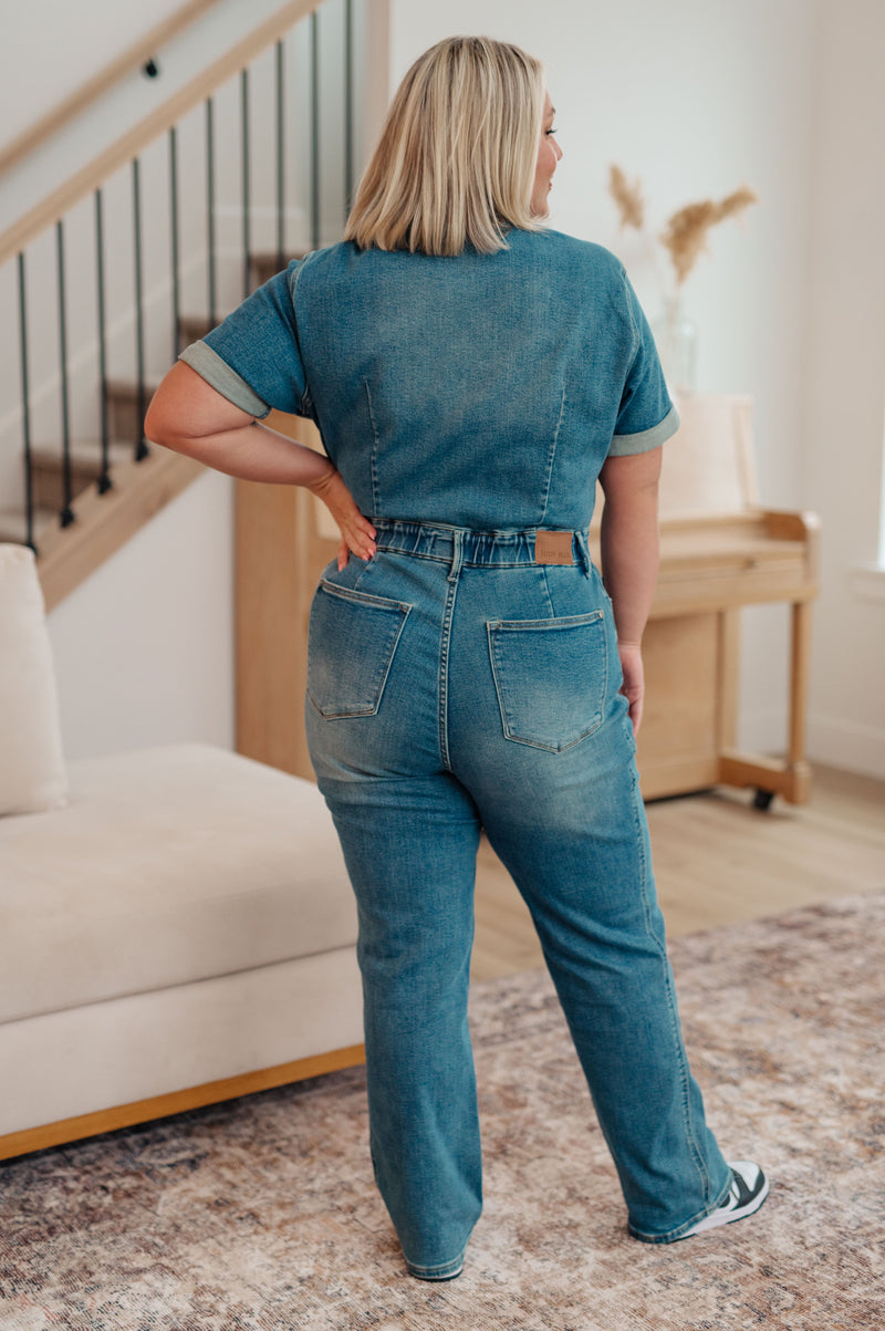 Sylvia Short Sleeve Denim Jumpsuit - Maple Row Boutique 