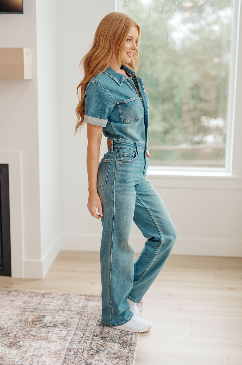 Sylvia Short Sleeve Denim Jumpsuit - Maple Row Boutique 