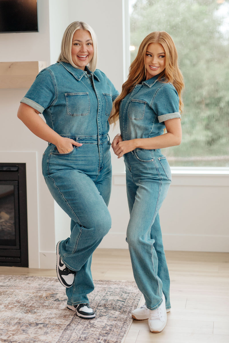 Sylvia Short Sleeve Denim Jumpsuit - Maple Row Boutique 
