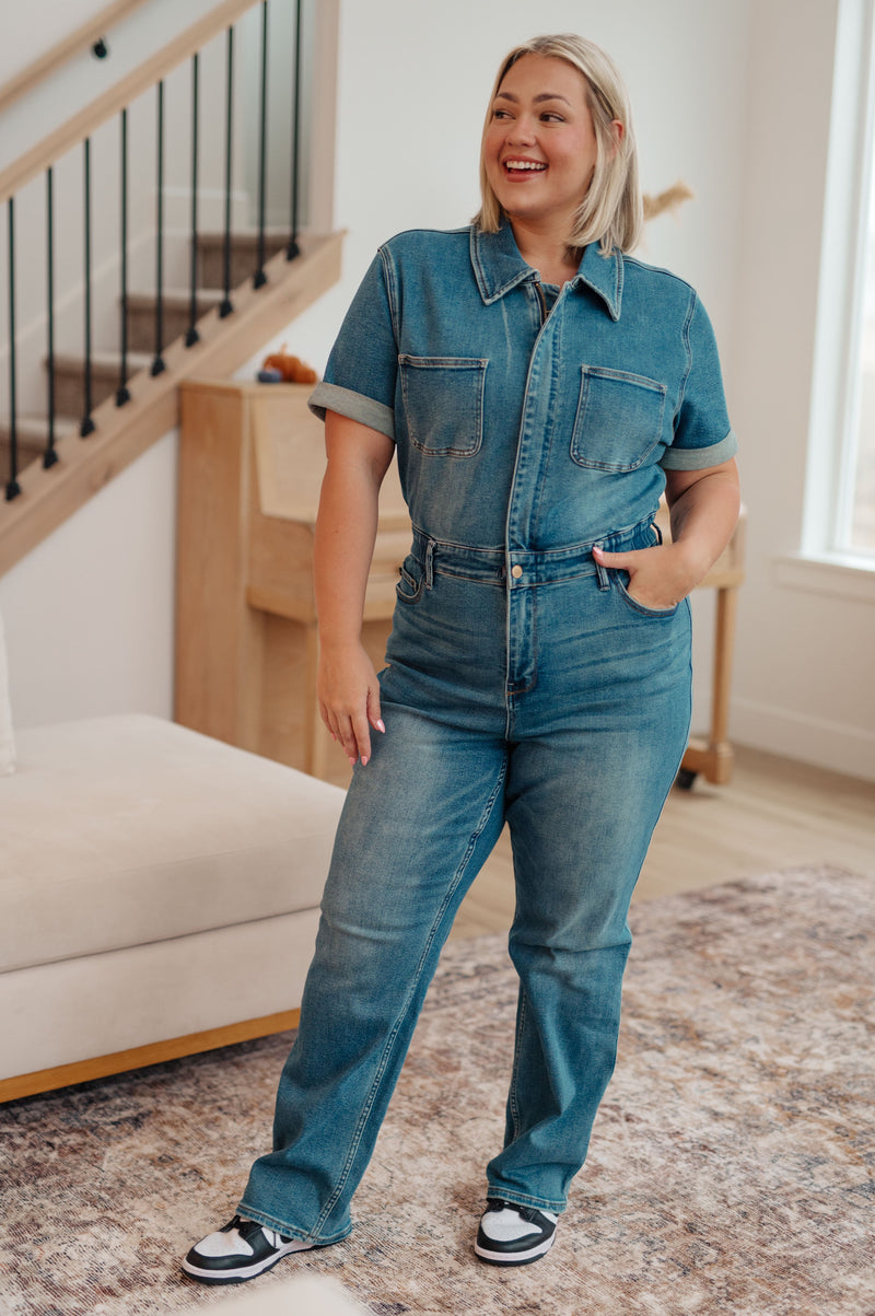 Sylvia Short Sleeve Denim Jumpsuit - Maple Row Boutique 