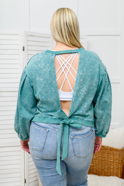 Tied Up In Cuteness Mineral Wash Sweater in Teal - Maple Row Boutique 