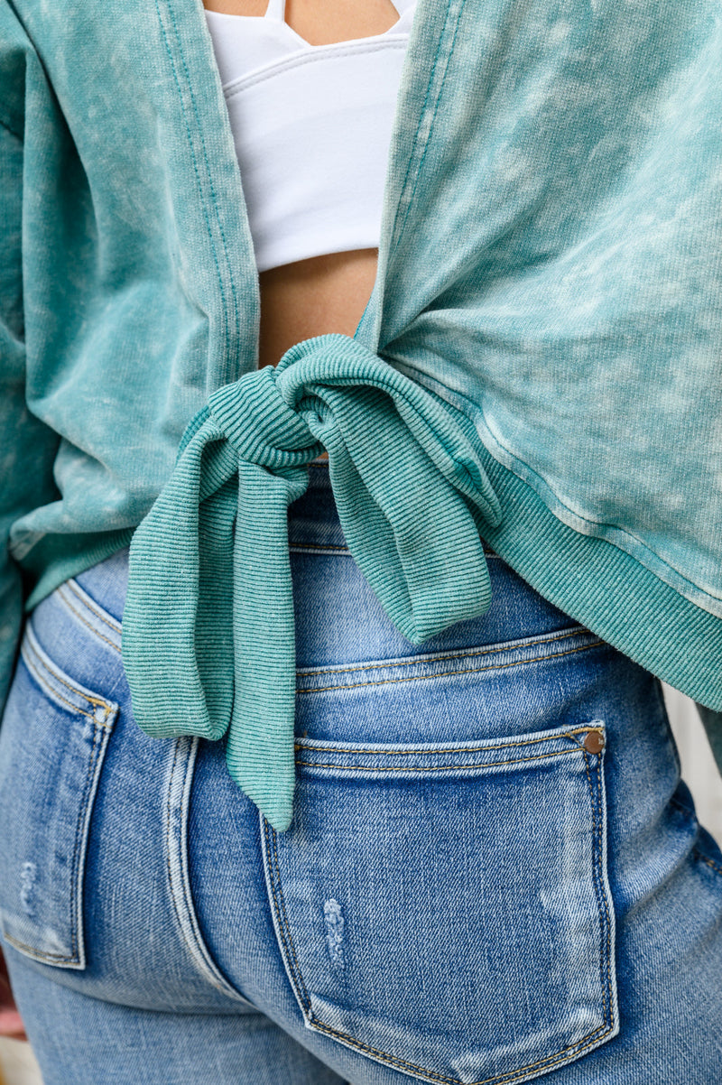 Tied Up In Cuteness Mineral Wash Sweater in Teal - Maple Row Boutique 