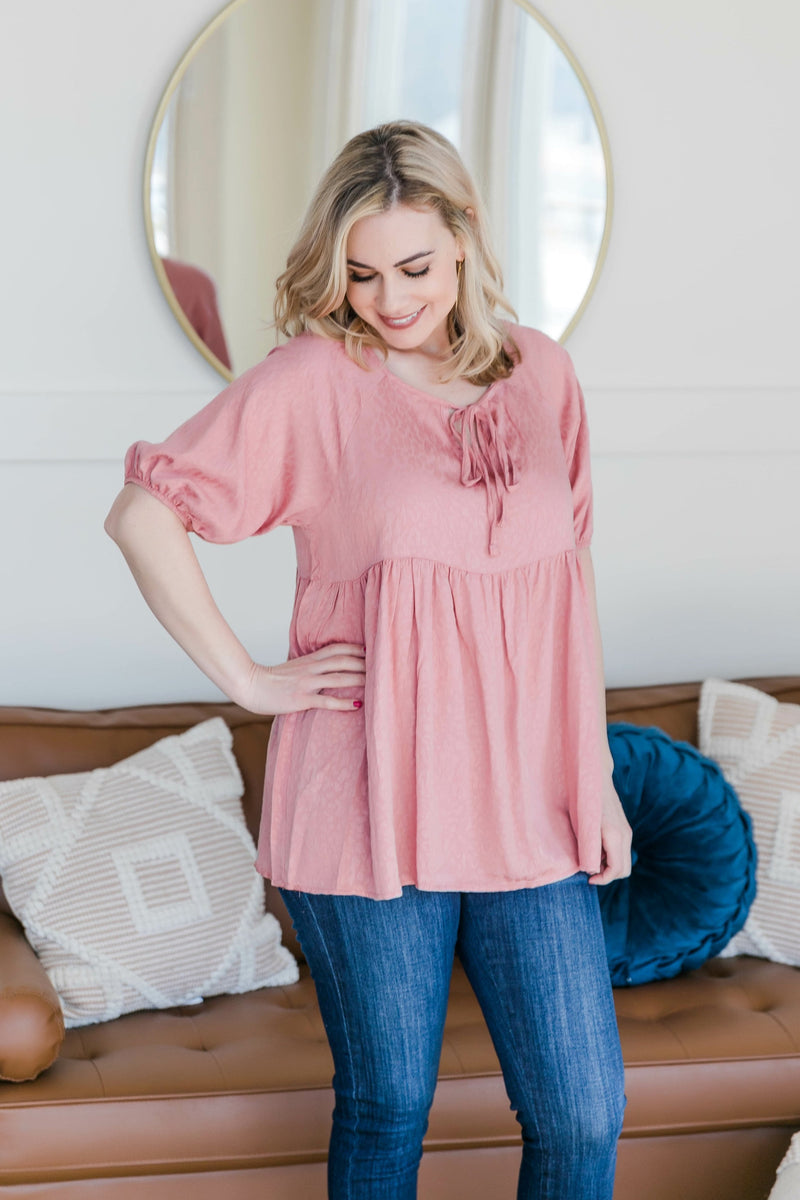 Babydoll Top with Tie Detail in Rose Pink - Maple Row Boutique 