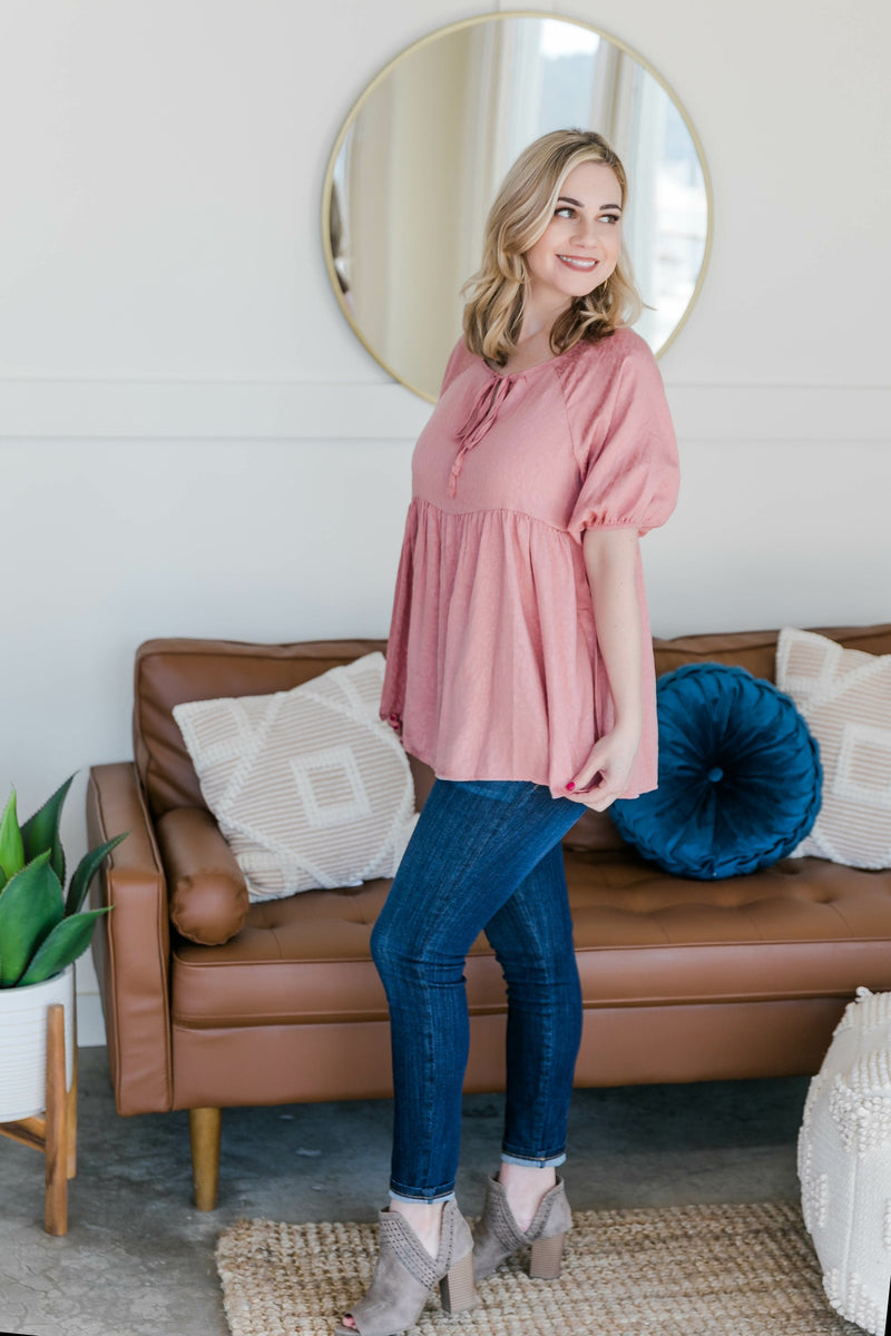 Babydoll Top with Tie Detail in Rose Pink - Maple Row Boutique 