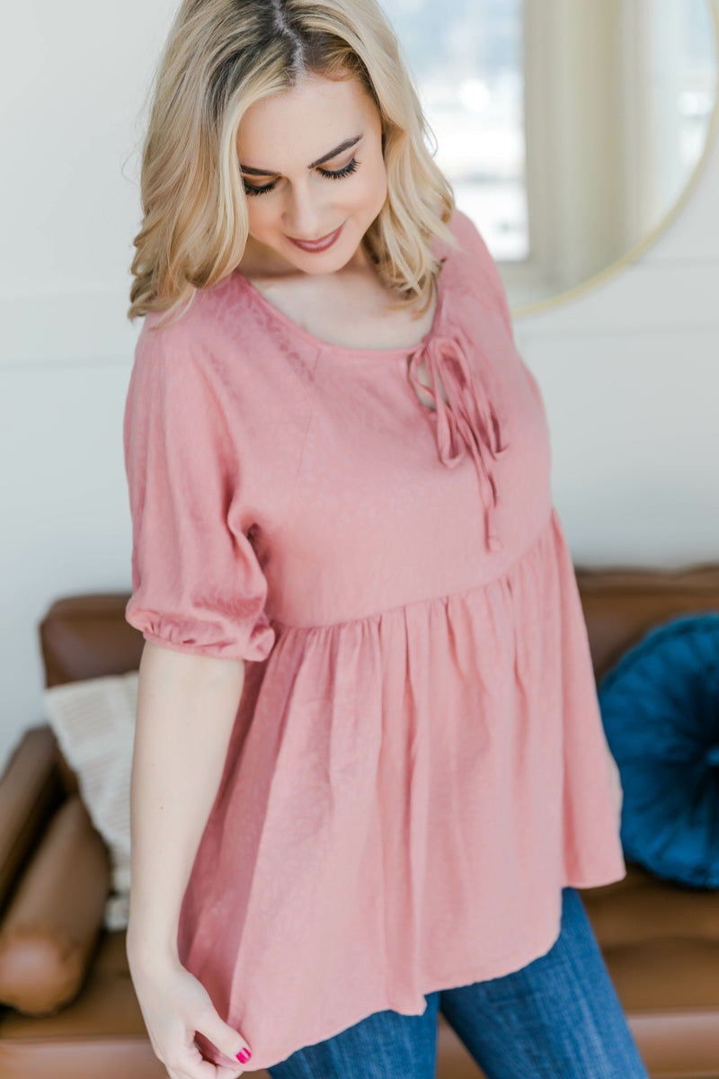 Babydoll Top with Tie Detail in Rose Pink - Maple Row Boutique 