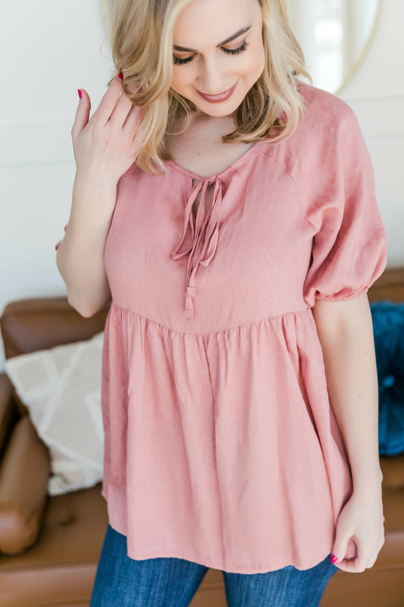 Babydoll Top with Tie Detail in Rose Pink - Maple Row Boutique 