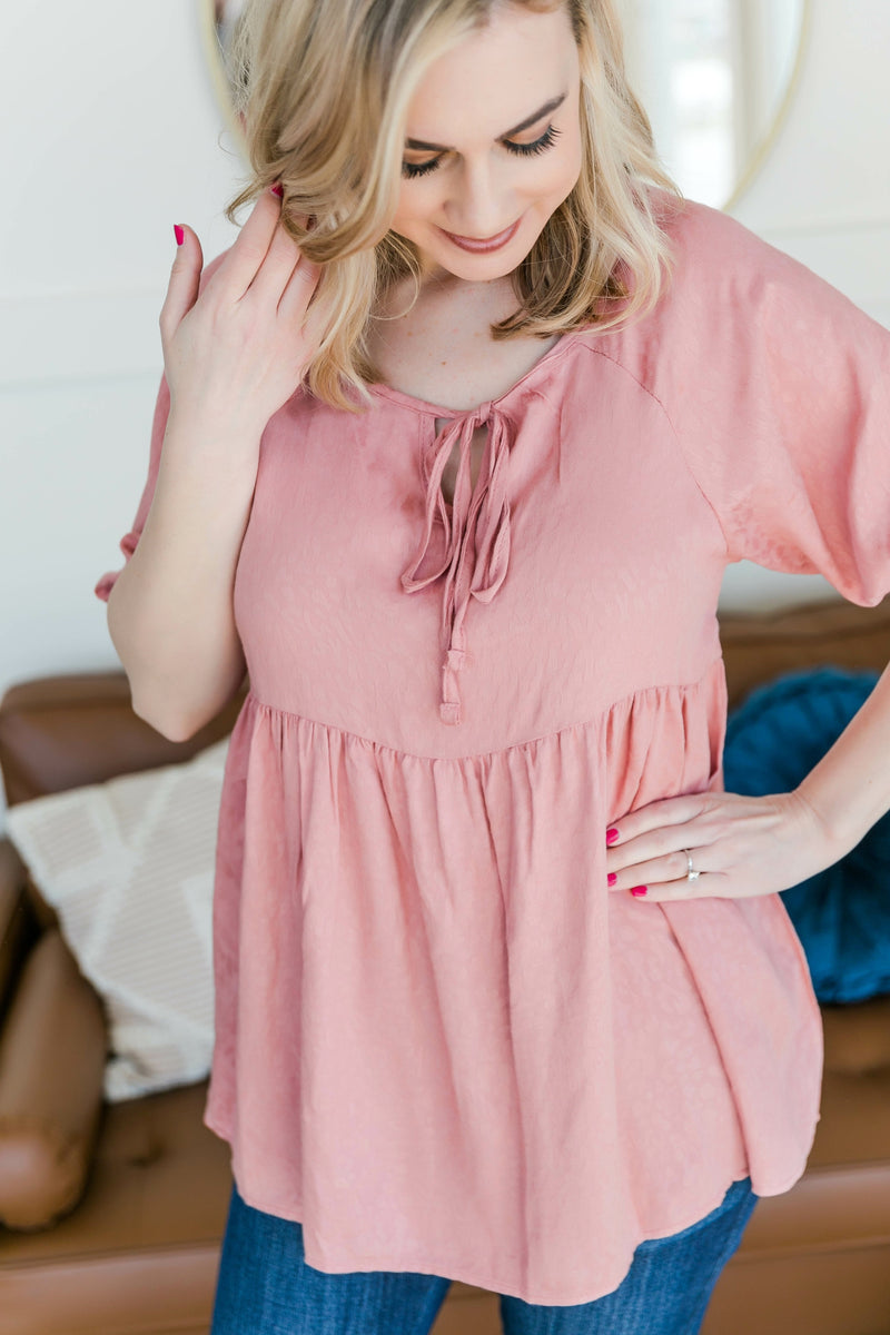 Babydoll Top with Tie Detail in Rose Pink - Maple Row Boutique 