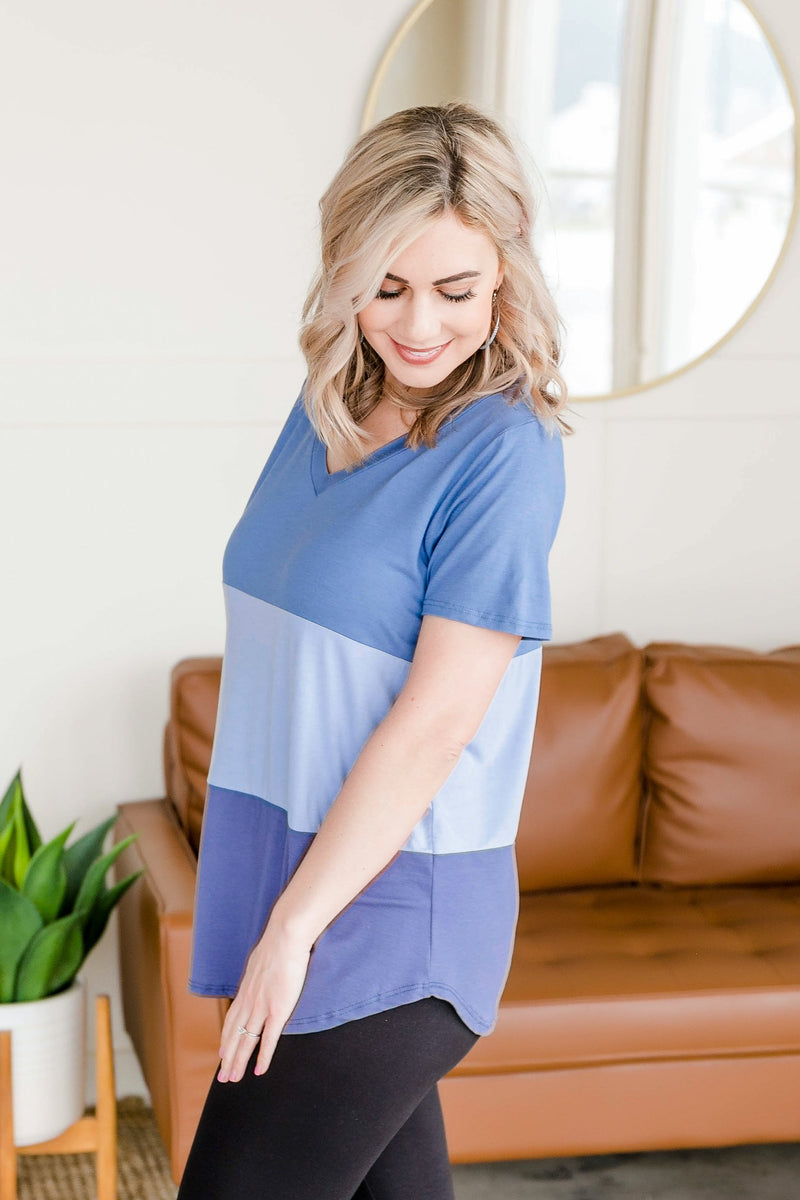Colorblock V Neck Top In Blue - Maple Row Boutique 