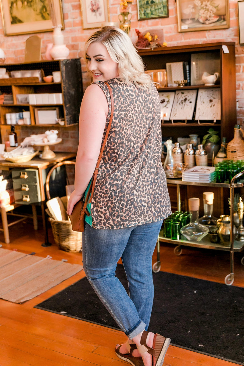 Leopard In Jade Sleeveless Top - Maple Row Boutique 