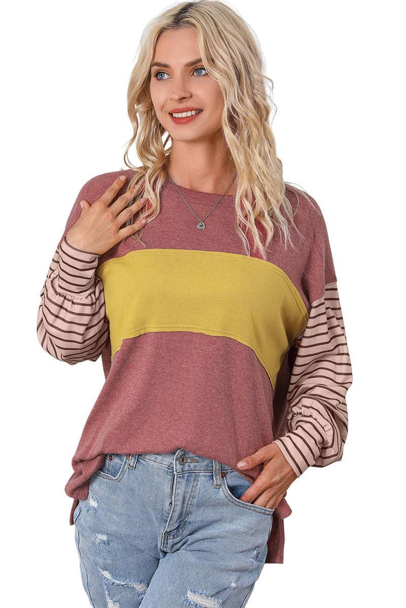 Round Neck Colorblock Striped Bishop Sleeve Top - Maple Row Boutique 