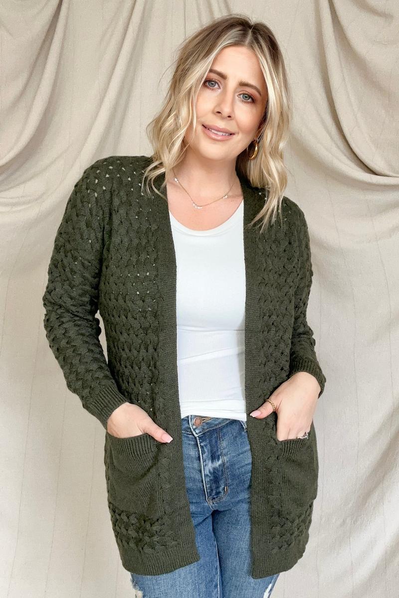 Open Front Woven Texture Knitted Cardigan With Pockets - Maple Row Boutique 