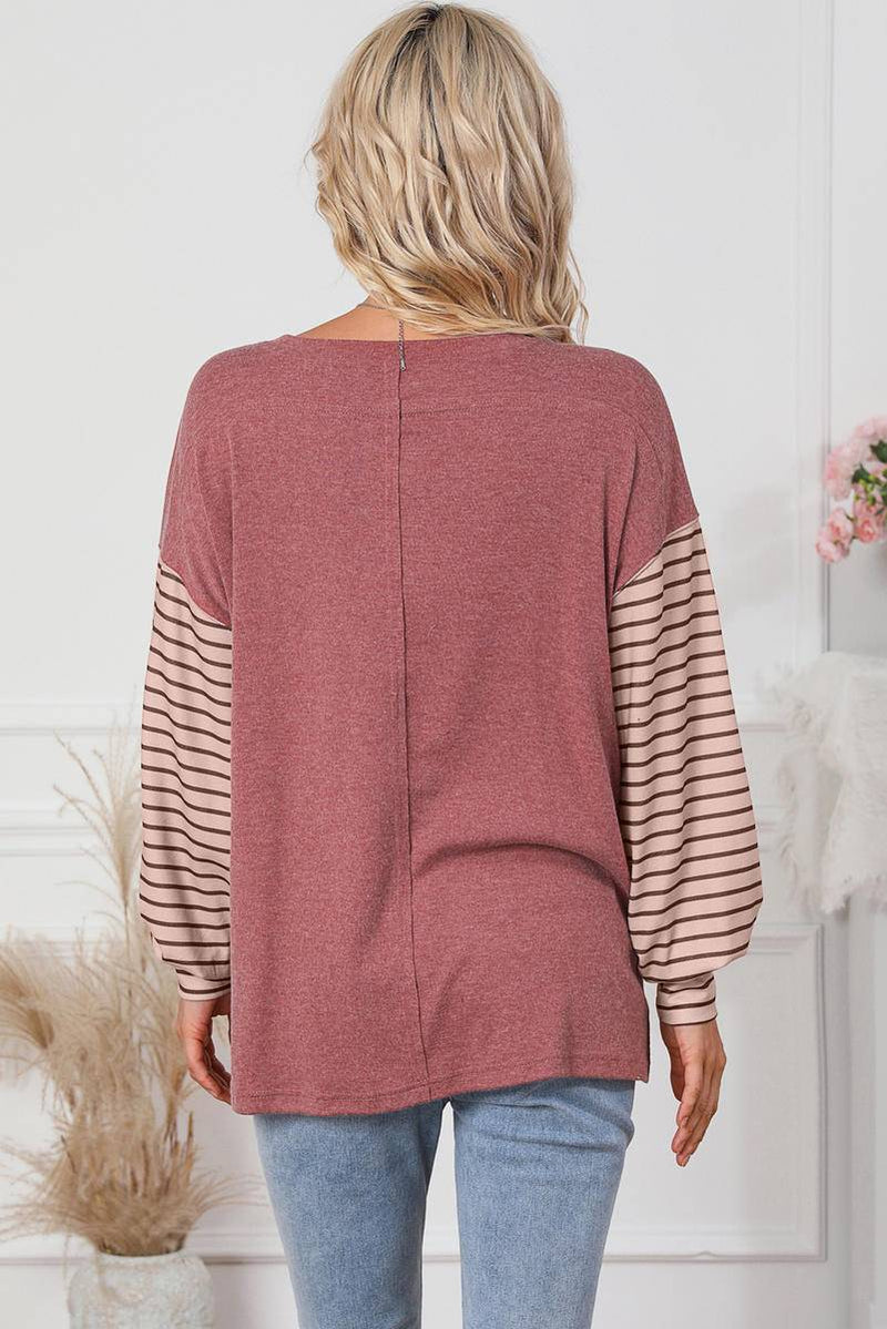 Round Neck Colorblock Striped Bishop Sleeve Top - Maple Row Boutique 