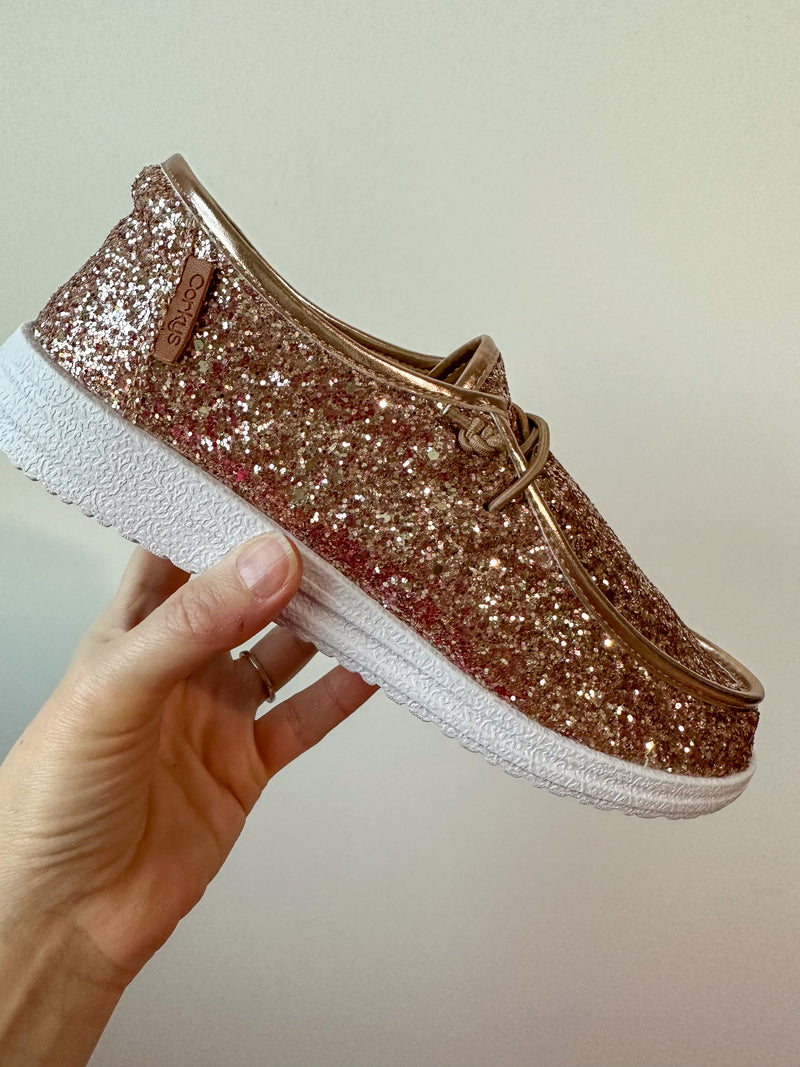 Corkys Kayak Sneaker in Rose Gold Glitter - Maple Row Boutique 