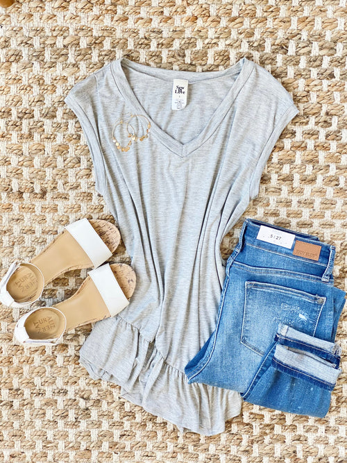 Iron Out The Details Asymmetrical Top In Light Gray - Maple Row Boutique 
