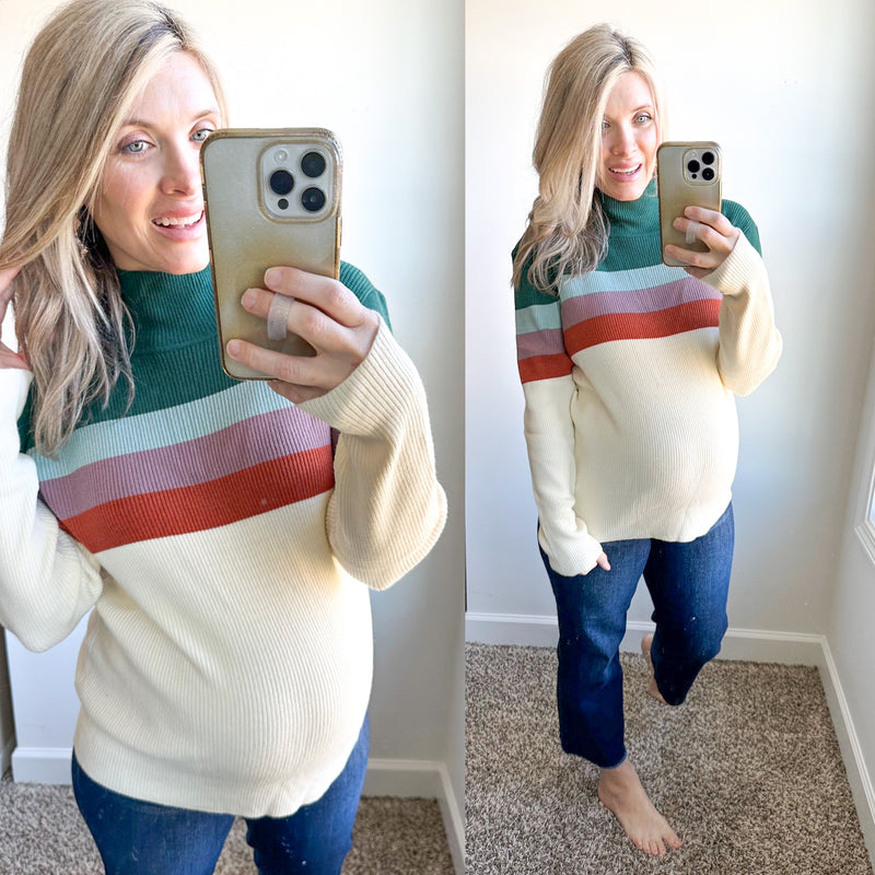 Striped Mock Neck Sweater in Cream, Green, Purple & Rust - Maple Row Boutique 
