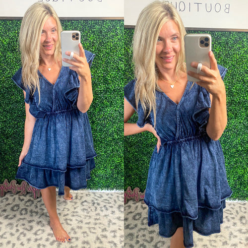 White Birch Denim Ruffle Dress - Maple Row Boutique 