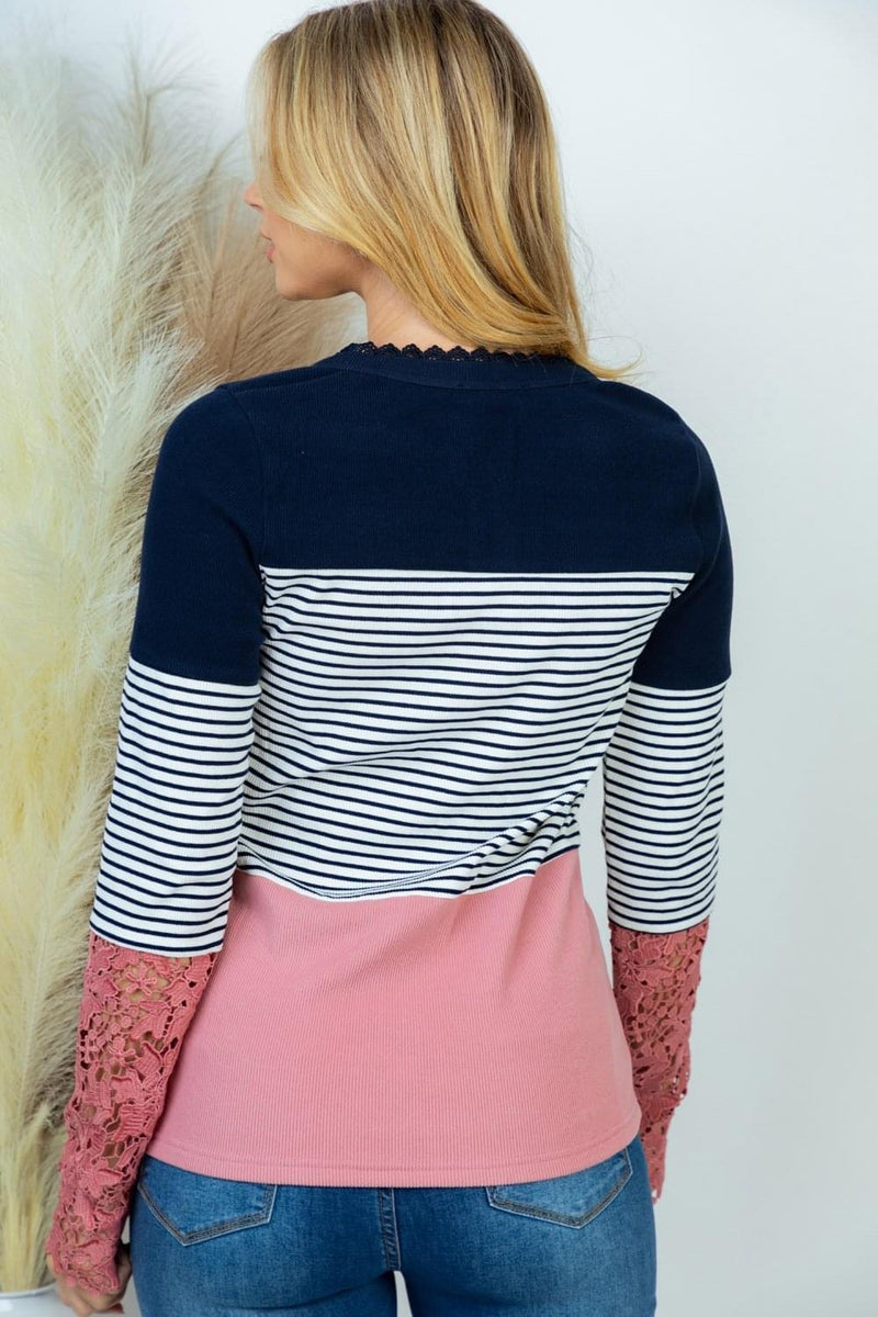 Lace Color Block Henley - Maple Row Boutique 