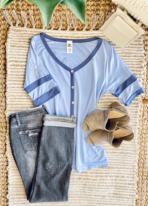 Retro Vibes Button Top in Monochromatic Blue - Maple Row Boutique 