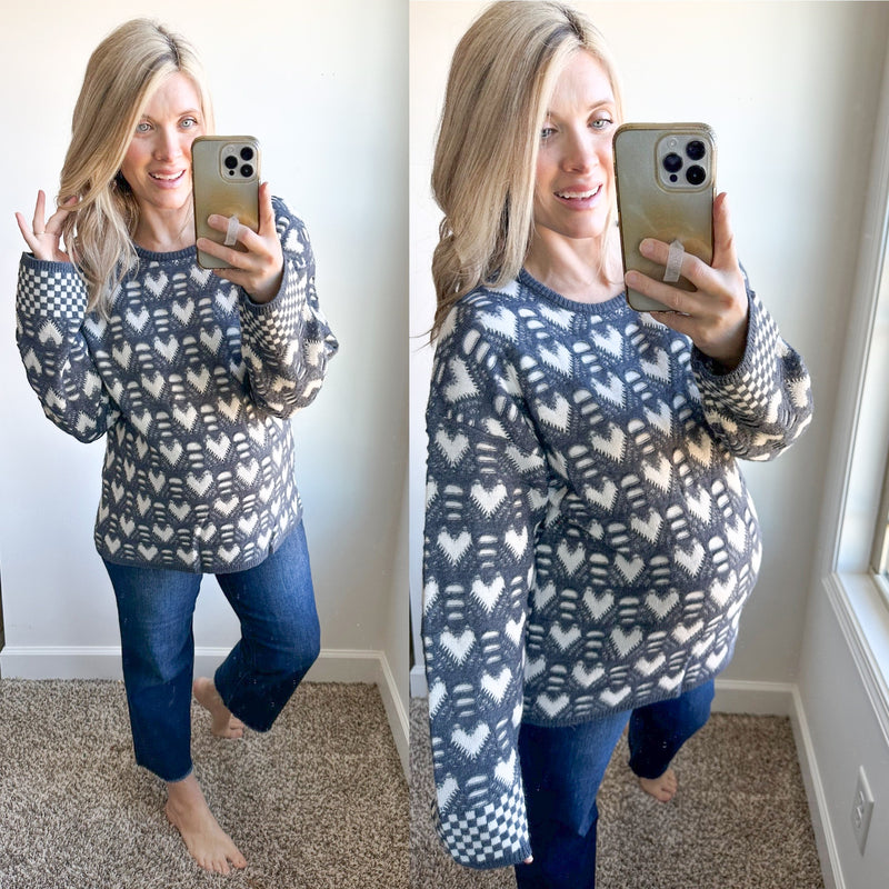 Knit Sweater In Blue Hearts - Maple Row Boutique 