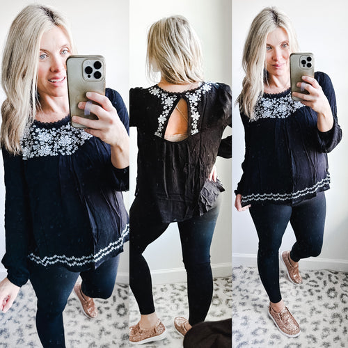 Savanna Jane Black Blouse With Floral Embroidery - Maple Row Boutique 