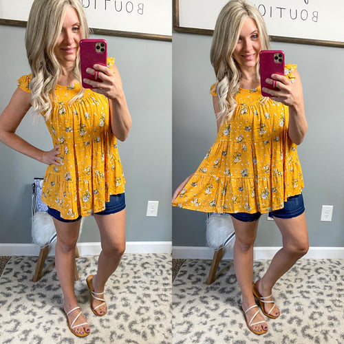 Yellow Floral Tiered Babydoll Top - Maple Row Boutique 