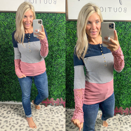 Lace Color Block Henley - Maple Row Boutique 