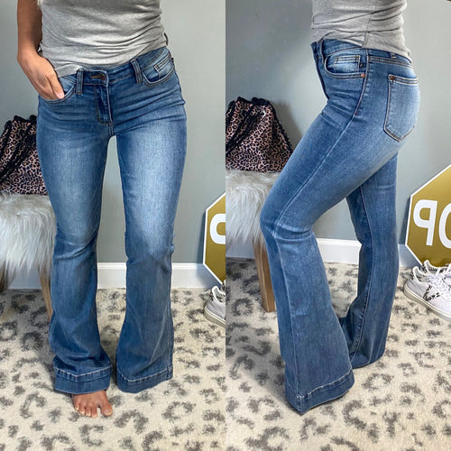 Denim flare Judy Blue Jeans with Wide Hem Cuff - Maple Row Boutique 
