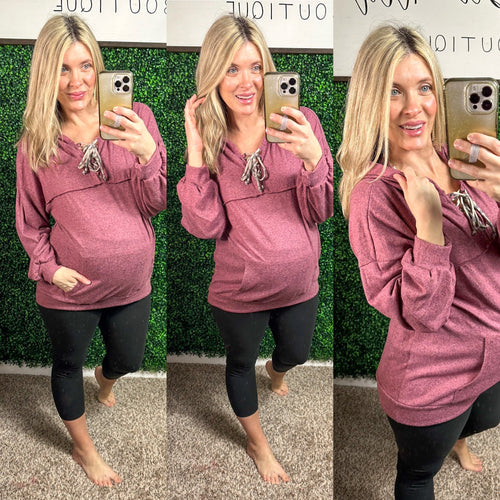 Berry Cashmere Hoodie With Animal Print Lace Up Detail - Maple Row Boutique 